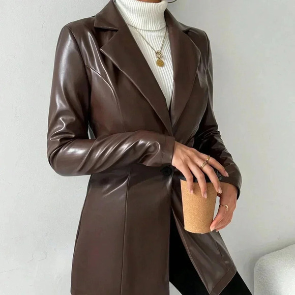 Coffee Brown Casual Women's Retro Turn-Down Collar Single Breasted Jacket - Picture 1 of 6